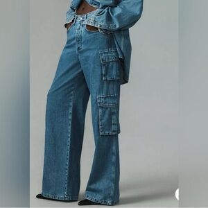Favorite Daughter Blue Wide Leg Flare Cargo Jeans